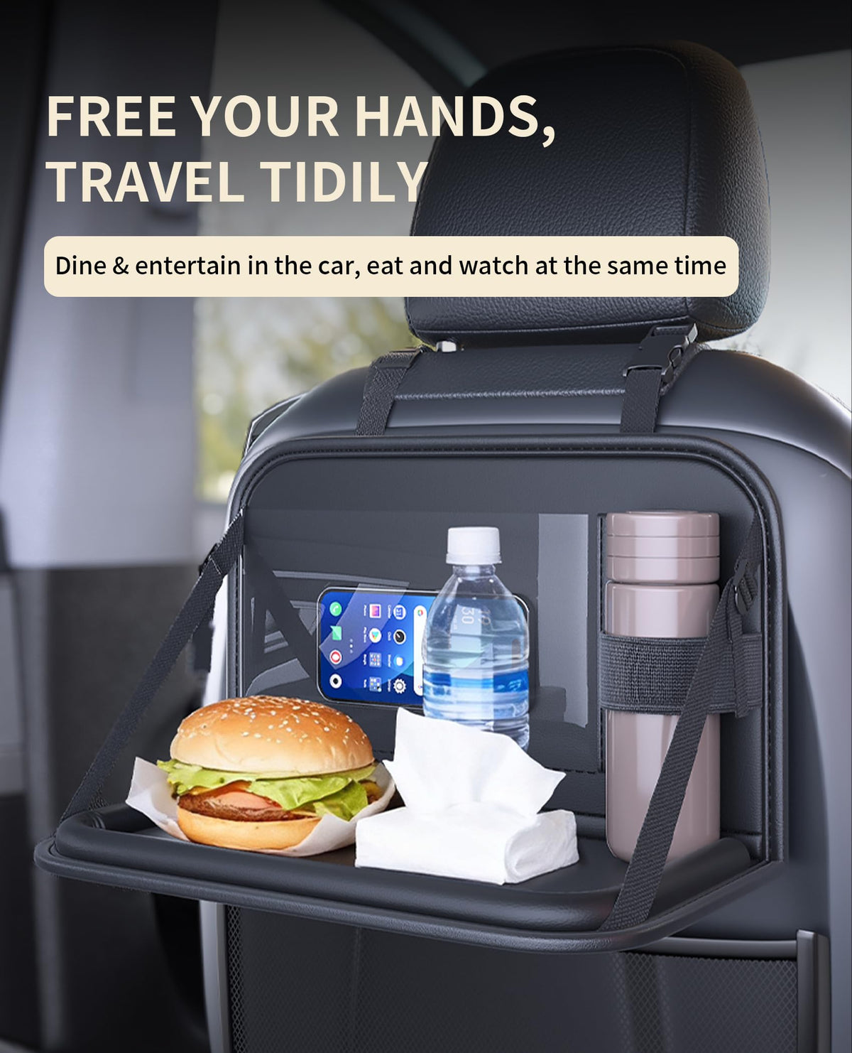 Backseat Car Organizer with Foldable Tray & Tablet Holder (black)