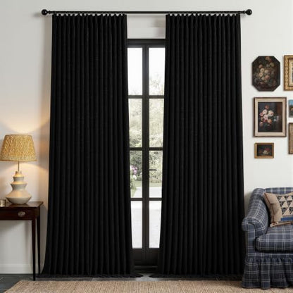 Modern Black Pleated Linen Blackout Curtains 90 Inches Long for Living Room (Black / 50"W x 90"L (Pack of 2))