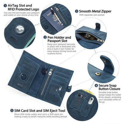 Full Grain Leather Passport Holder Compatible with Airtag RFID Blocking Passport Wallet Travel Slim Passport Cover with SIM Card Removal Tool (Blue / Plain- Snap)