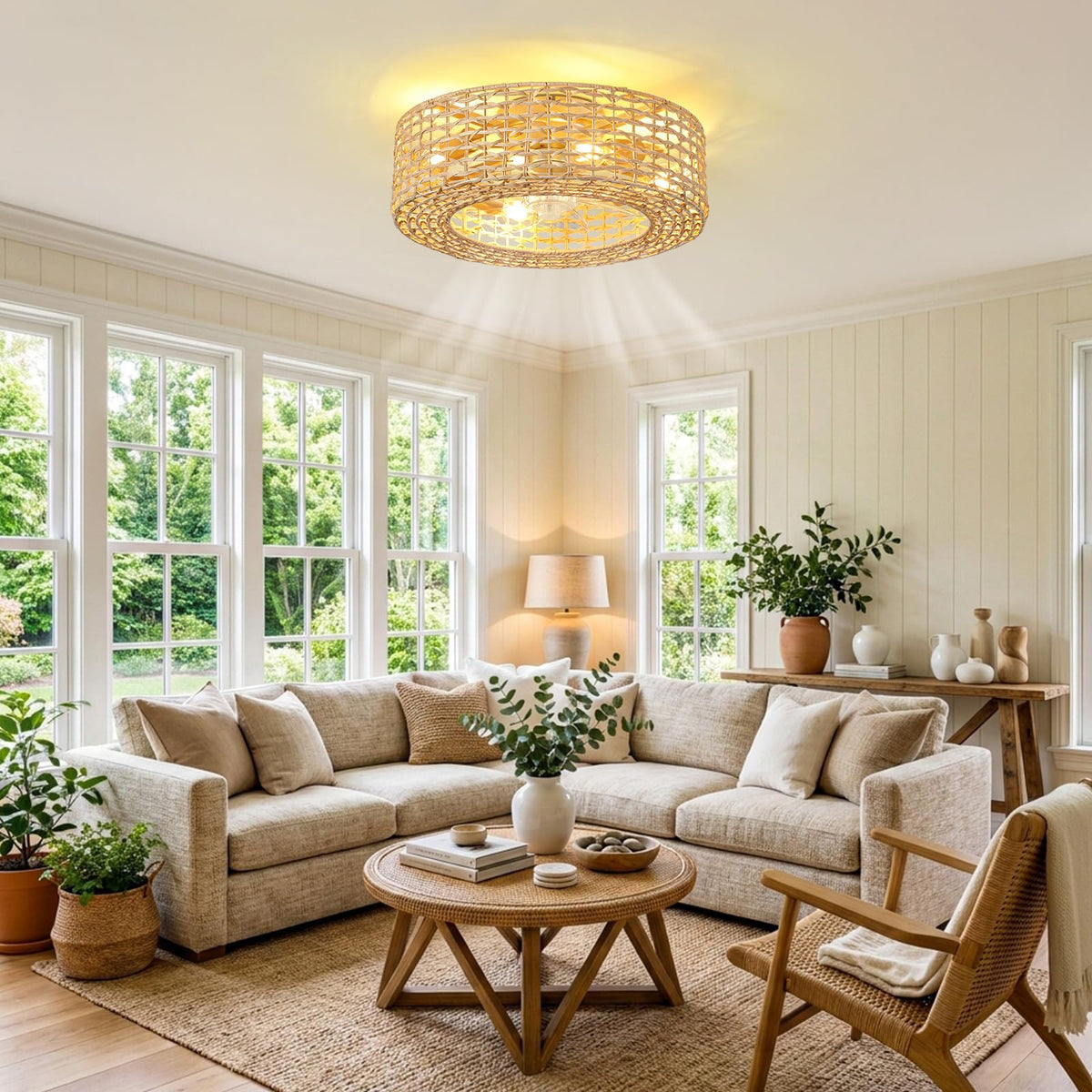 Boho Caged Low Profile Ceiling Fan with Light 19" Fandelier Flush Mount (19.3in-C)