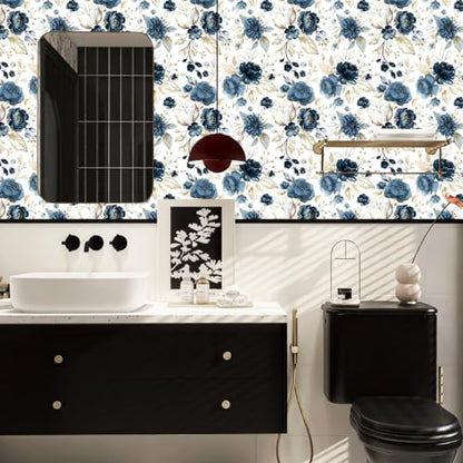 Vintage Dark Black Floral Peel and Stick Wallpaper Botanical Flower Waterproof Removable Self Adhesive Vinyl Contact Wall Paper for Bedroom Bathroom 17.5" X 196"