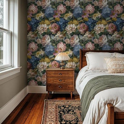 Dark Floral Wallpaper Vintage Peel and Stick Wallpaper Oil Painting Peony Hydrangea Contact Paper 17.3"x 78.7" Removable Waterproof for Bedroom Bathroom Cabinet Decor (Dark Floral / 17.3" x 78.7")