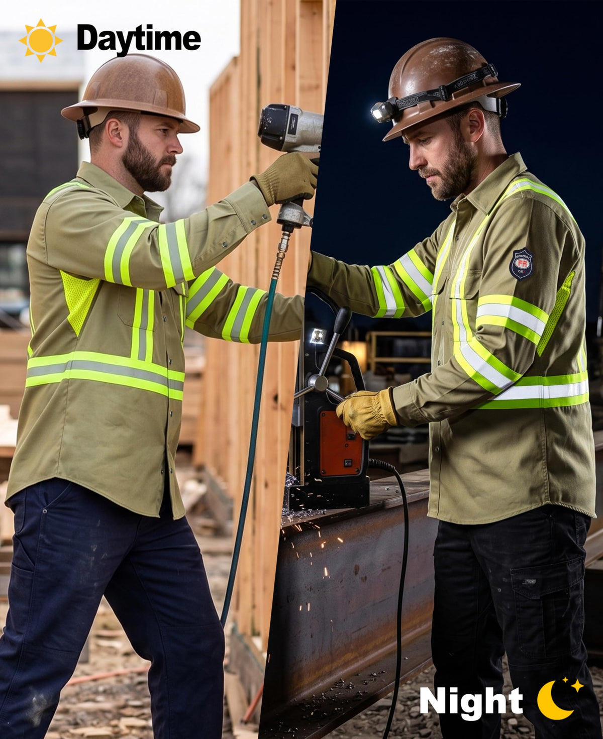 Vented FR High Vis Shirts Reflective Pearl Snaps Summer Work Safety (X-Large Tall / Khaki)