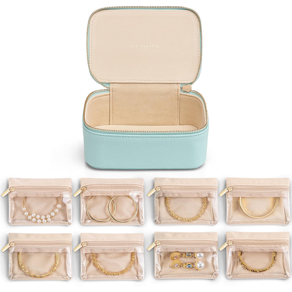 Jewelry Travel Case with 8 Clear Velvet Zipper Pouches (C.8 PCS Lake Blue)