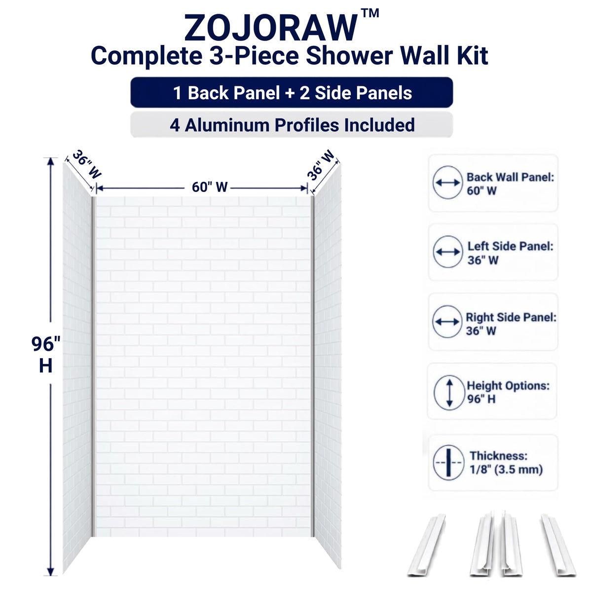 3 Piece SMC Shower Wall Panels (Glossy White / 60"W × 36"D × 96"H)