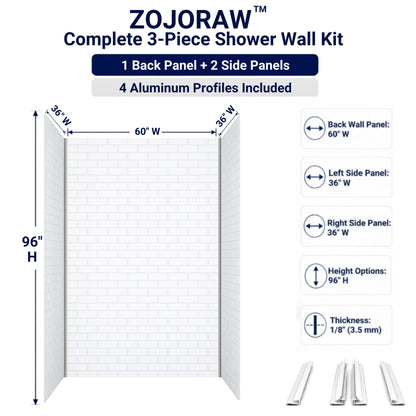 3 Piece SMC Shower Wall Panels (Glossy White / 60"W × 36"D × 96"H)