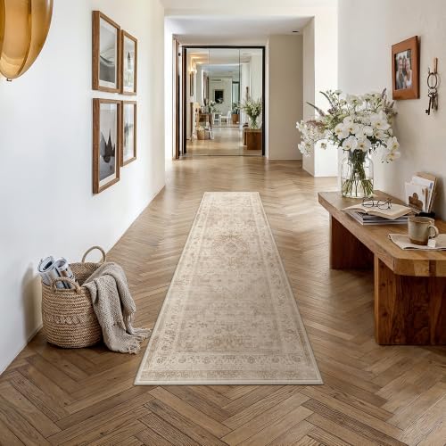 3x8 Beige Washable Runner Rug Non Slip Vintage Carpet (Vintage | Beige / 3' x 8' (Runner))