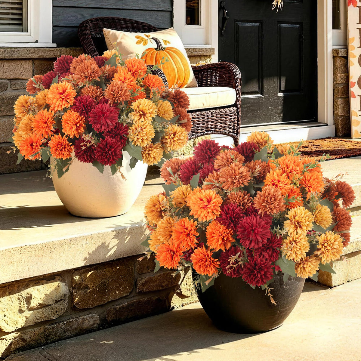 Artificial Mums Flowers for Outdoors Outside Decorations (6 Orange,6 Burnt Orange,6 Red,6 Yellow / 24PCS)
