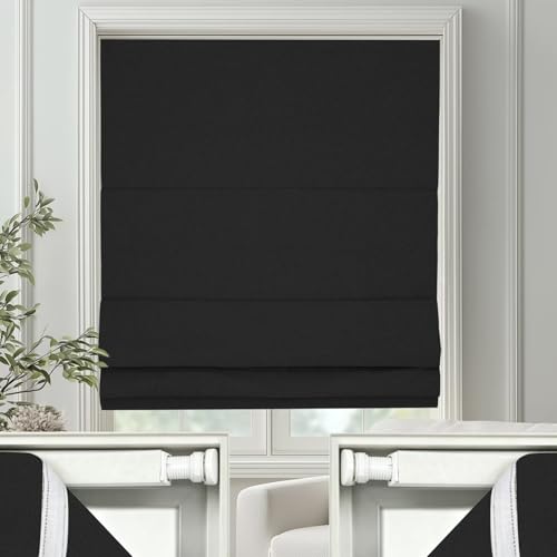 No Drill Roman Shades Cordless Blinds Blackout for Indoor Windows (Black / 38"W x 64"H)