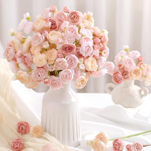 30Pcs Ranunculus Artificial Flowers Faux Silk Mini Flowers Indoor (Rose&cream&shabby Blush)