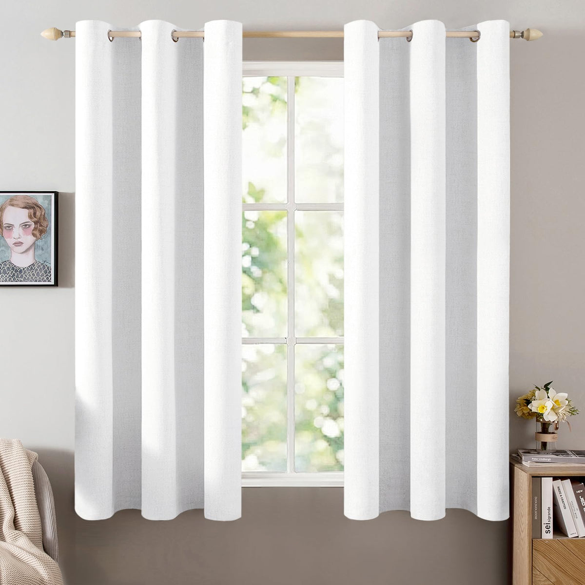 100% Blackout Linen Curtains for Bedroom 42x63 Inches Bright White (Bright White / 42"W x 63"L (Pack of 2))