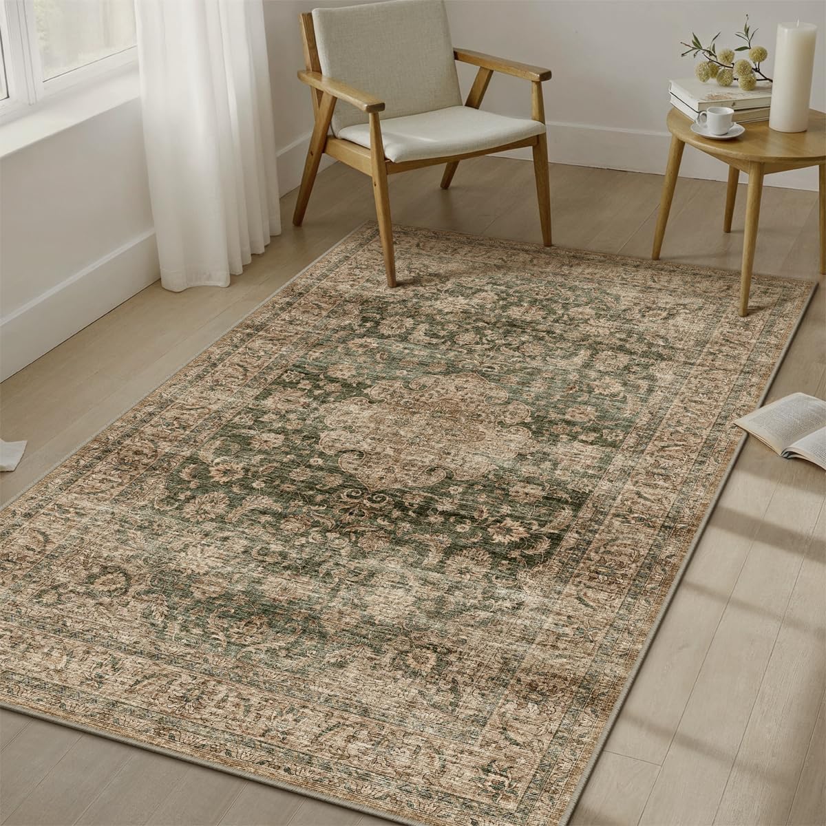 3x5 Washable Area Rug Green Brown Vintage Rug for Entryway (Green/Brown / 3' x 5' (Rectangular))