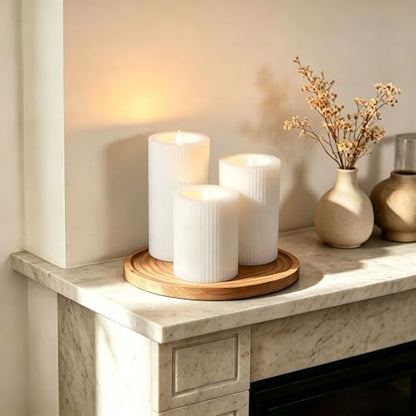 Ribbed Moving Flame Flameless Pillar Candles with Remote Set of 3