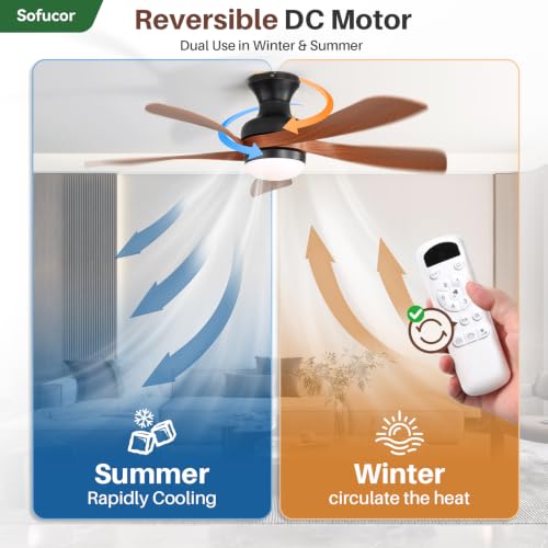 52 Inch Low Profile Ceiling Fans with Lights and Remote (Black+Brown / 52 inch)