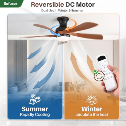 52 Inch Low Profile Ceiling Fans with Lights and Remote (Black+Brown / 52 inch)