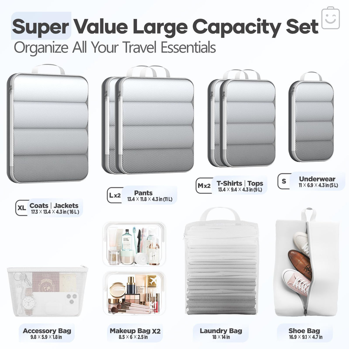 Compression Packing Cubes for Travel Essentials (White / 11 set)