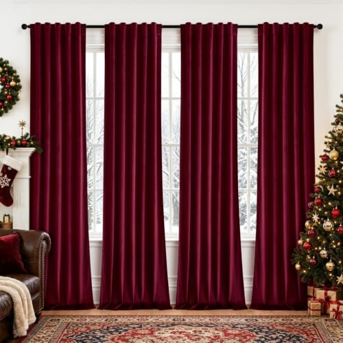 Christmas Burgundy Velvet Curtains 4 Panels Set Back Tab 40"x84" (Burgundy / 40"W x 84"L (Pack of 4))