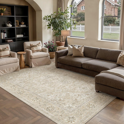 Beige Cream 6x9 Washable Area Rugs Vintage Indoor Carpet (E| Beige Cream / 6' x 9' (Rectangular))