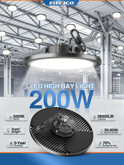 High Bay LED Shop Lights 200W 8 Pack with Plug 5' Cord Safety Rope Hook (200W-8-PACK)