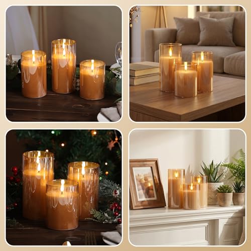 Moving Flame Glass Flameless Pillar Candles with Remote Set of 3