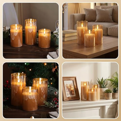 Moving Flame Glass Flameless Pillar Candles with Remote Set of 3