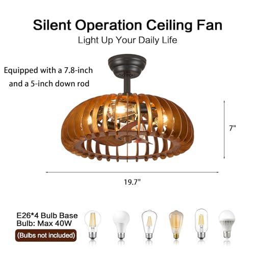 Wooden Caged Ceiling Fan Bladeless Farmhouse Fandelier Reversible for Small Bderoom Dining Living Room