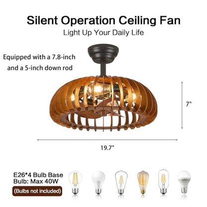 Wooden Caged Ceiling Fan Bladeless Farmhouse Fandelier Reversible for Small Bderoom Dining Living Room