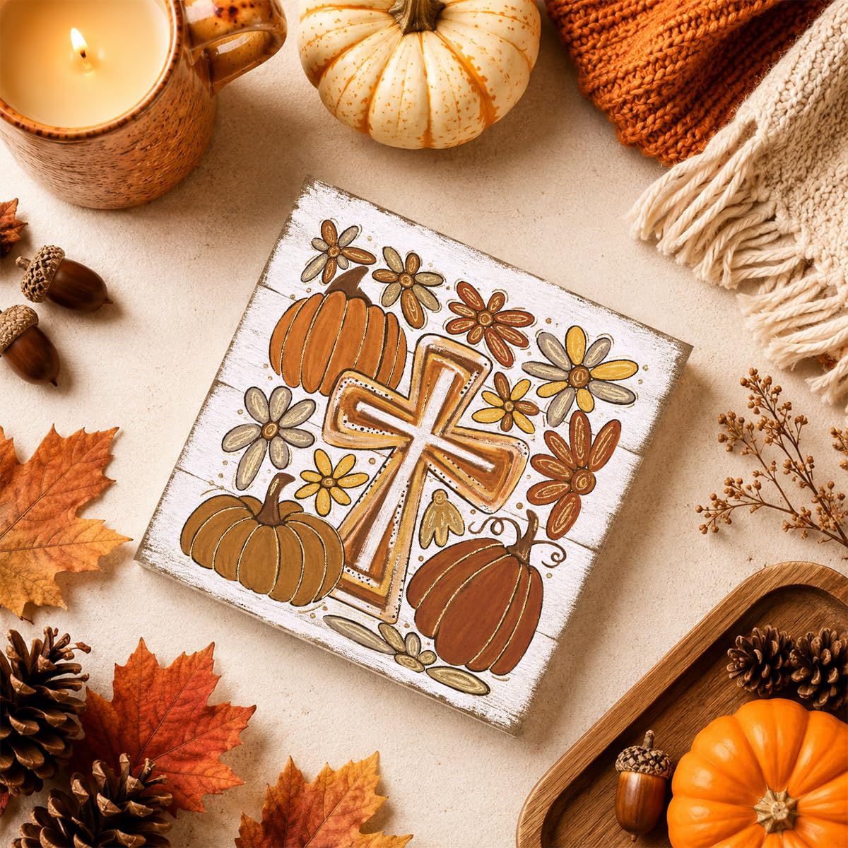 Fall Decorations for Home Christian Cross Pumpkin Sign Fall Decor (FALL71)