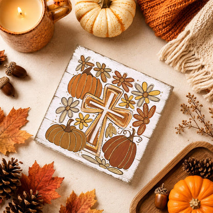 Fall Decorations for Home Christian Cross Pumpkin Sign Fall Decor (FALL71)