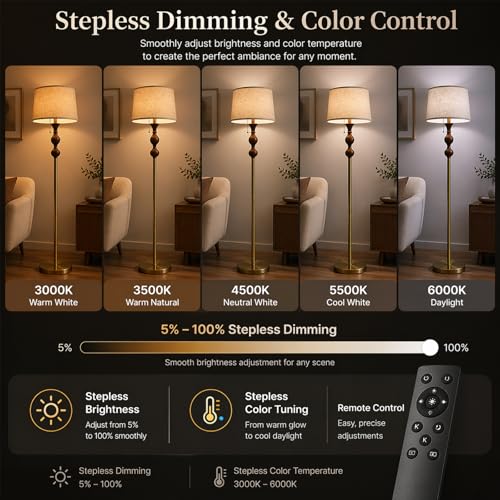 Wood & Brushed Floor Lamp with Pull Chain Switch & Remote Control