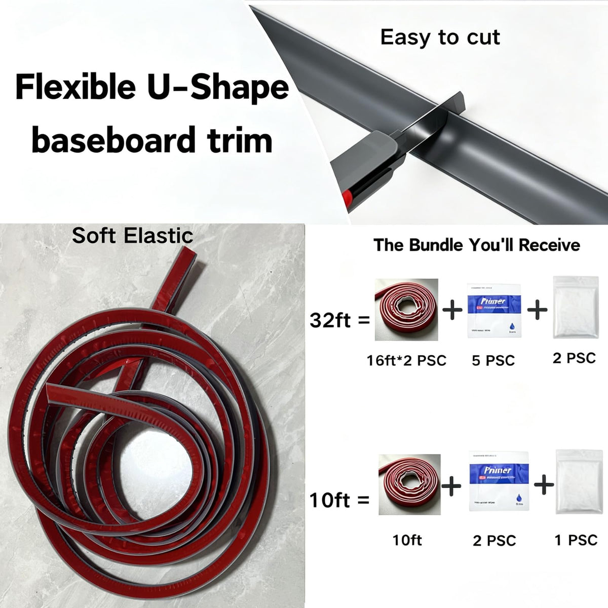 10ft Flexible Quarter Round Molding Peel and Stick Silicone Caulk Strip (Gray / 10ft(0.59*0.59inch))