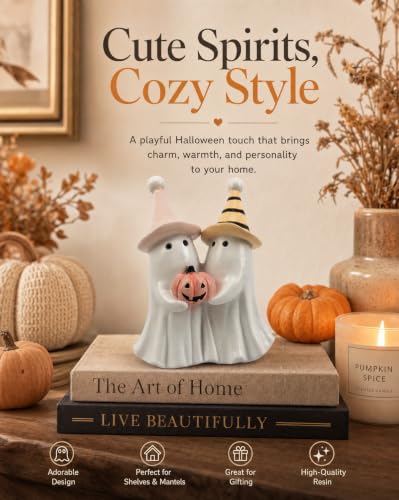 Spooky Cute Halloween Ghost Holding Pink Pumpkin Figurine (White Ghost Duo)