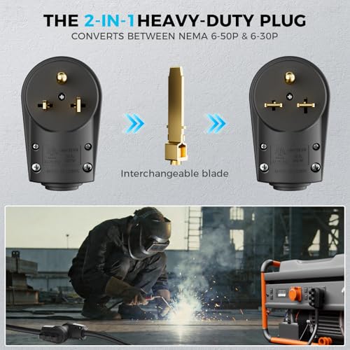 2-in-1 NEMA 6-50P/6-30P Welder Plug, 30A/50A 250V 3-Prong Male Replacement Plug, Heavy Duty Rewirable 220V Plug for Welder/Generator, Industrial Grade,2 Pole 3 Wire, ETL Listed
