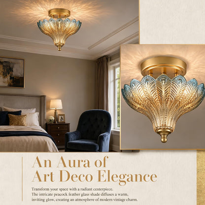 Luxury Gold Semi Flush Mount Ceiling Light Blue & Amber Shade (Gold-Blue & Amber / 9.84"W)