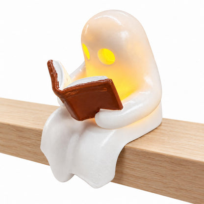 Halloween Ghost Figurine with Lamp Ghost Resin Cute Funny Ghost Reading Book Designs Mini Night Light Statue Halloween Tabletop Ornament Decoration for Gift Home Decor New Year's Gifts (Style 7)