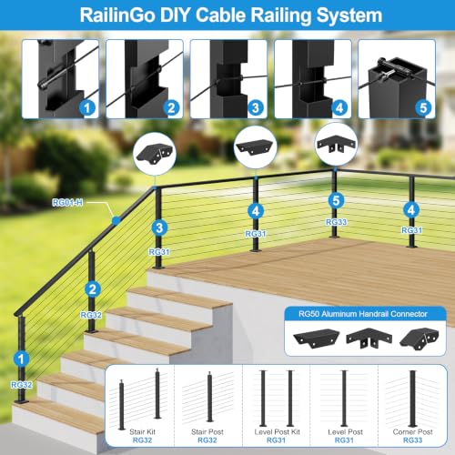 1 8" Cable Railing Kit Hardware Swageless Invisible Cable Railing Tensioner for 2"x2" Wood Post & Metal Post T316 Steel Stainless Deck Cable Railing System