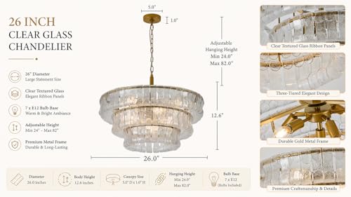 3 Tier 26 Inch Clear Crystal Glass Chandeliers (Clear Gold)