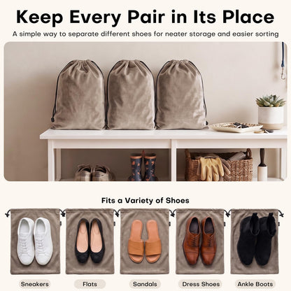 4 Pack Velvet Cloth Shoe Bags for Travel & Packing for Women & Men (Taupe)