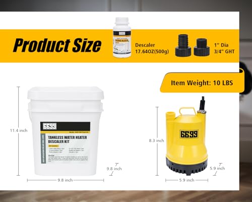 Tankless Water Heater Flushing Kit Includes Submersible Sump Pump with Two Adapters & Cleaner & 3 Gallons Pail with Bucket Lid Opener & Two 1
