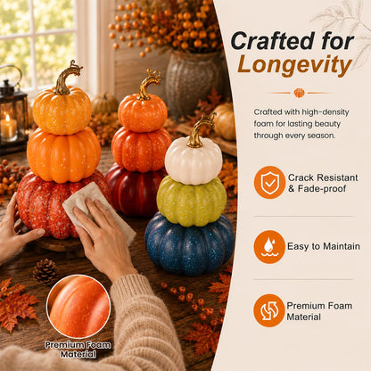 3Pcs 8.75" Stacked Pumpkin Tower Decor (Orange Blue & Yellow)