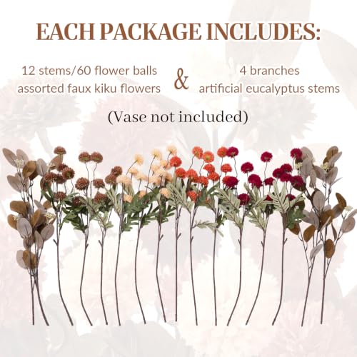 16 PCS Silk Mums Artificial Fall Flowers with Eucalyptus for Vase (Yellow Red Orange Brown)