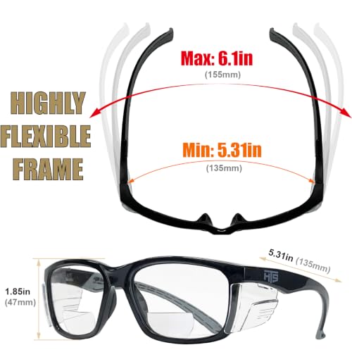 E60 2.5 Diopters Bifocal Safety Glasses with Side Shields (Black & Clear (+2.5 Diopter))