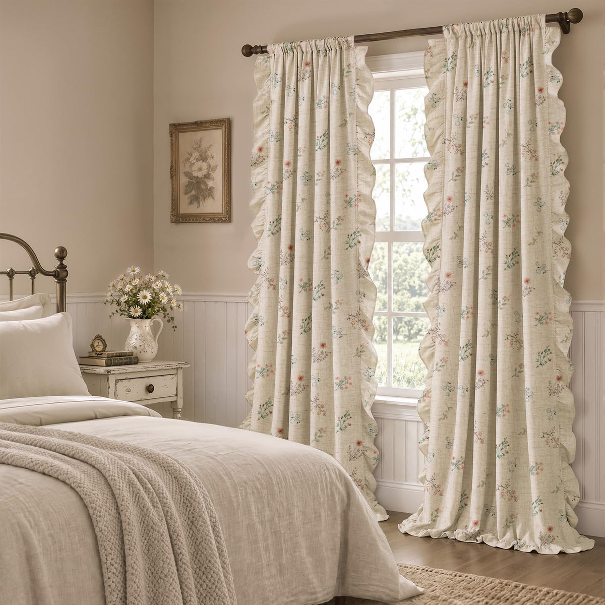 Floral Ruffle 90% Blackout Curtains 84 Inch 2 Panels Linen Texture (Ruffles / 52"W x 84"L (Pack of 2))