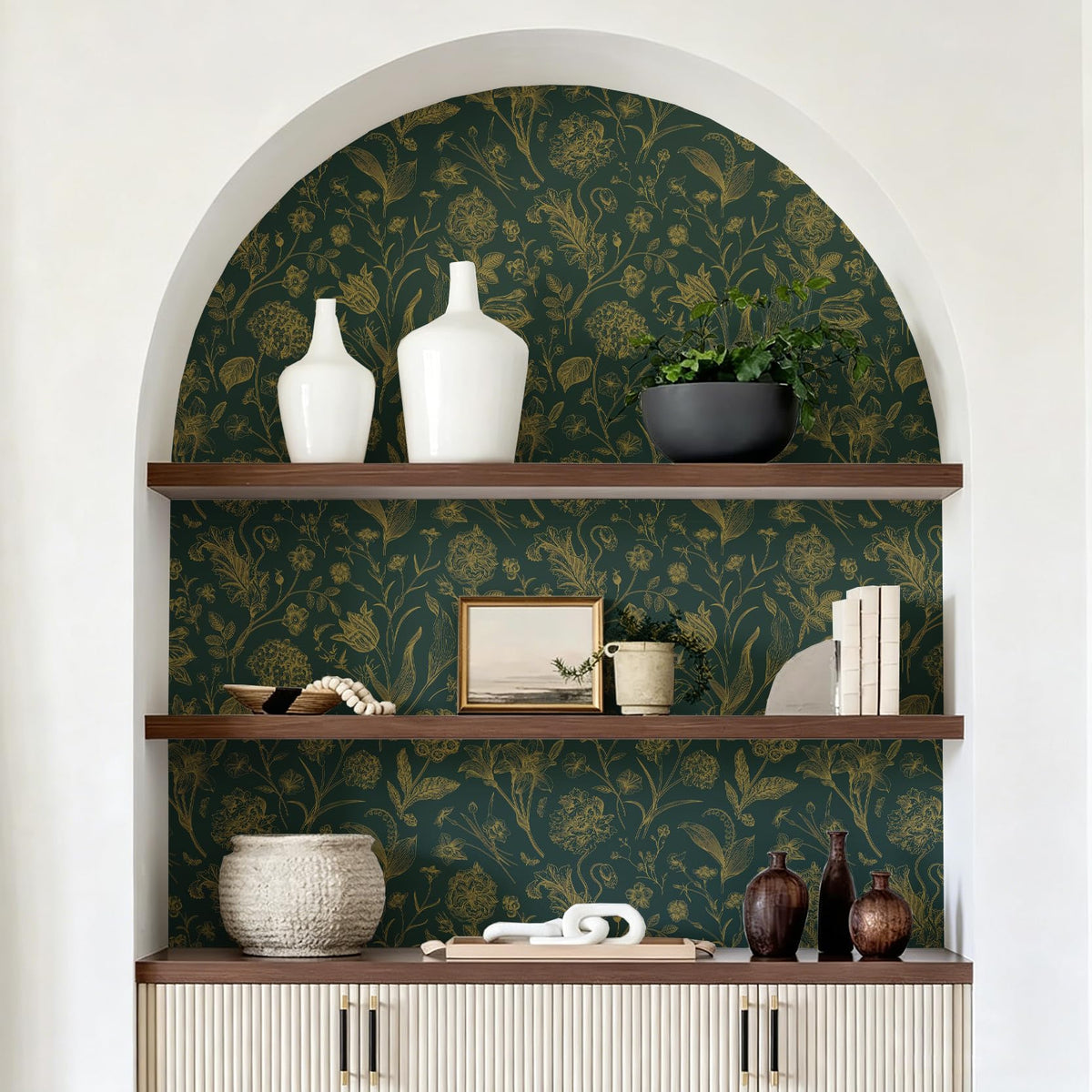 Dark Green and Gold Floral Peel and Stick Wallpaper 17in x118in (Green/Gold / 17.3" x 118.1")