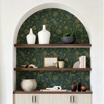 Dark Green and Gold Floral Peel and Stick Wallpaper 17in x118in (Green/Gold / 17.3" x 118.1")
