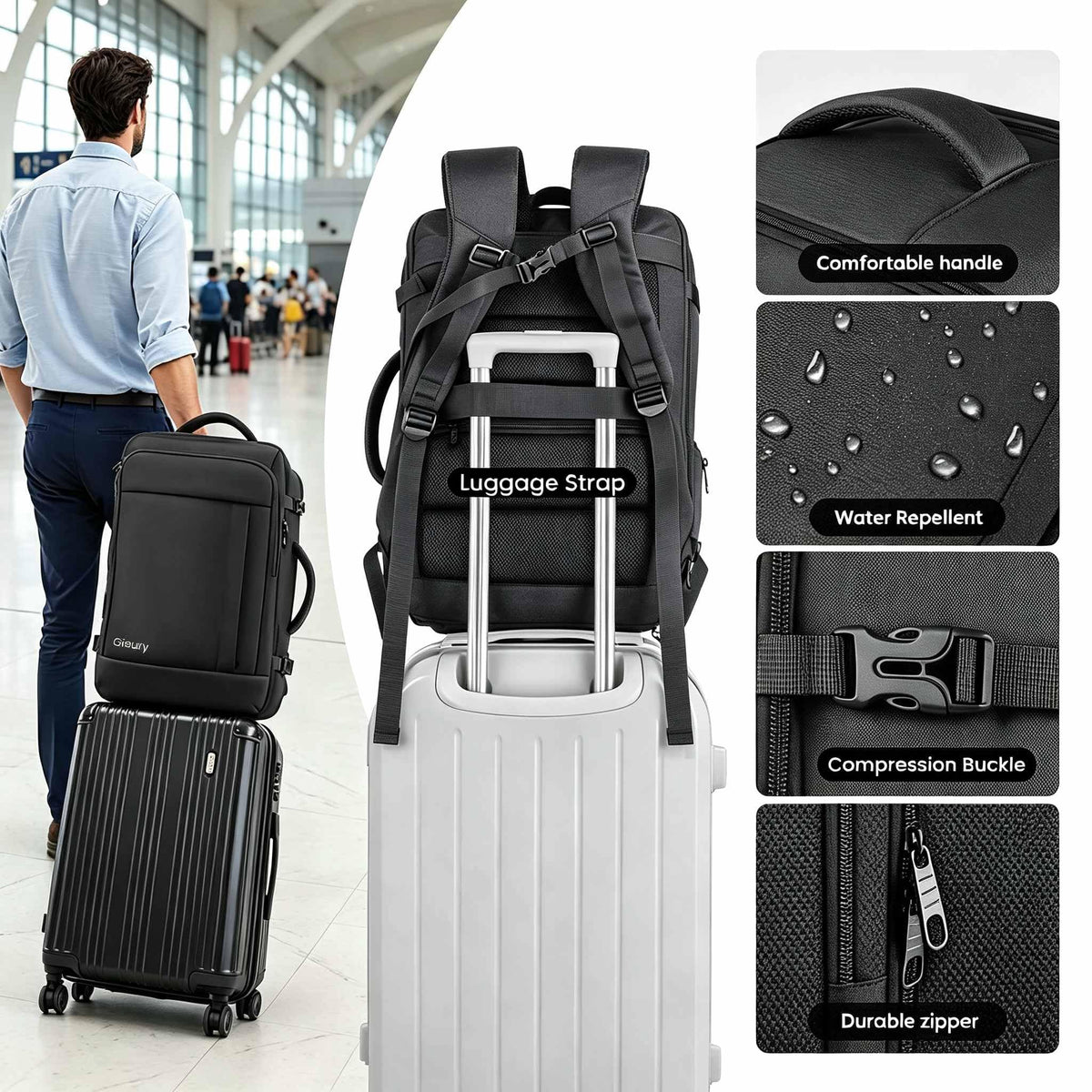 55L Carry On Backpack (Black / 3X-Large(22"x14"x10"))