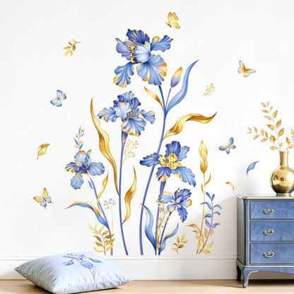 Large Purple Gold Flower Wall Decals Iris Floral Butterfly Plants Leaves Wall Stickers Peel and Stick Art Decor for Bedroom Living Room Sofa TV Background Home Furniture