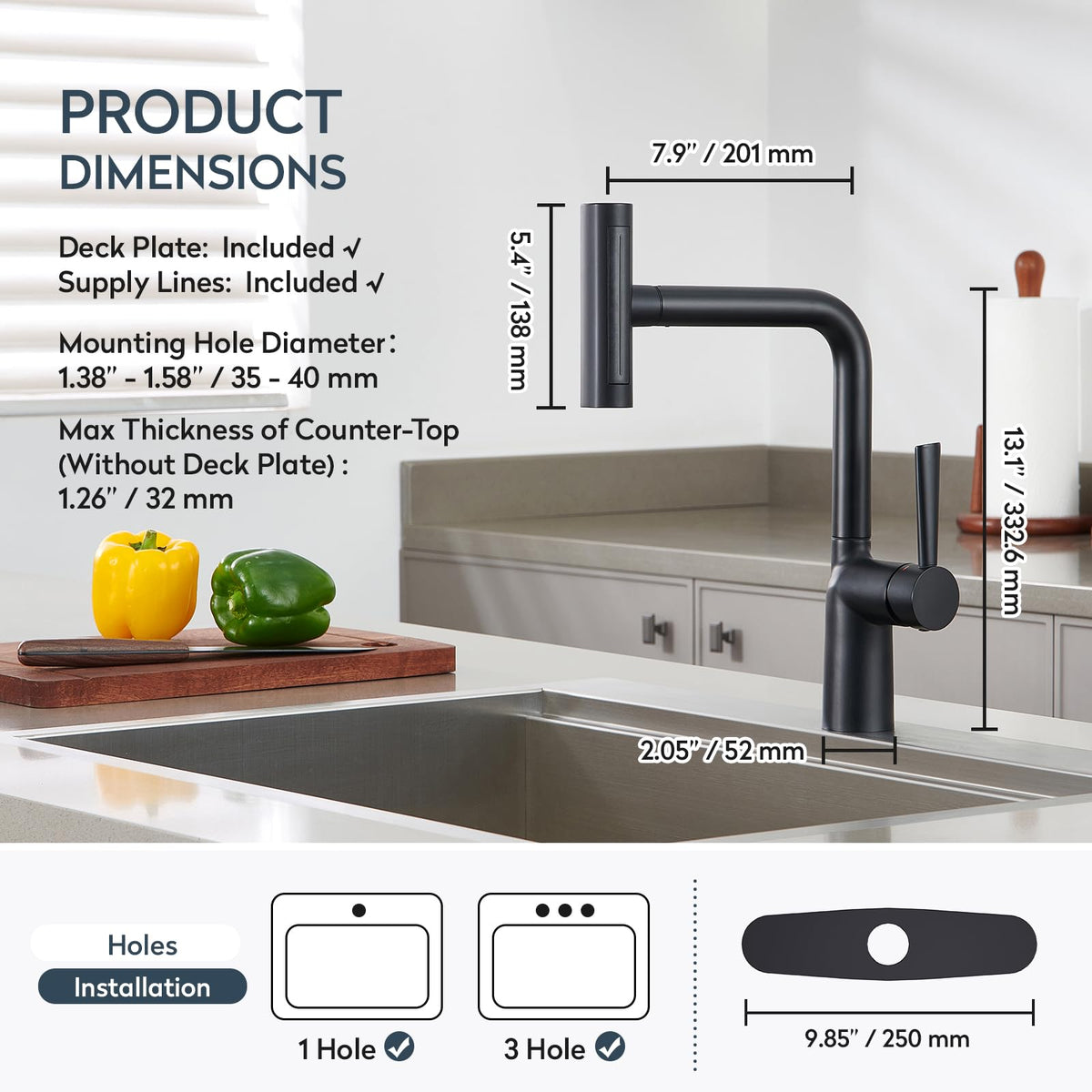 Black Waterfall Kitchen Faucets with Pull Down Sprayer (Waterfall / W-Matte Black)