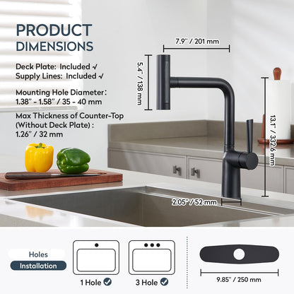 Black Waterfall Kitchen Faucets with Pull Down Sprayer (Waterfall / W-Matte Black)