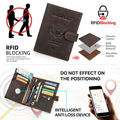 CONTACTS Full Grain Leather Passport Holder Compatible with Airtag RFID Blocking Passport Wallet for Men Travel Passport Cover with SIM Card Removal Tool (Coffee / Badge- Snap)